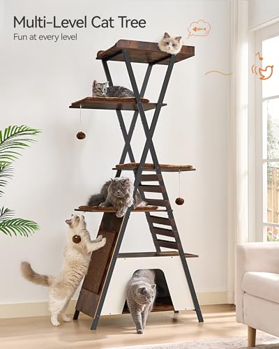 FourFurPets 72.4" Modern Cat Tower for Indoor Cats - Multi-Level Condo With Caves, Tall Tree With Scratching Board, Wooden Tower With Large Perch, Removable Pads, Rustic Brown - color: Rustic Brown