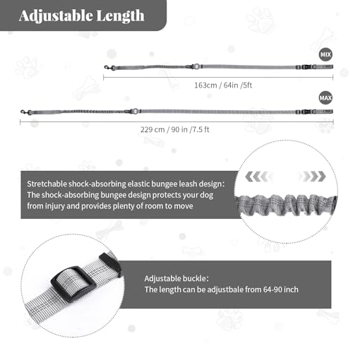 Heavy Duty Multifunctional Hands Free Dog Leash - Adjustable, Reflective Stitches, Car Safety Buckle, Waist Leash for Dog Walking, Running, Hiking - 5-7FT - color: Gray