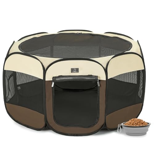 Dog Playpen for Small Dogs & Puppies, 40.55" Portable Indoor Outdoor Puppy Playpen with Bowl, Waterproof Floor, Foldable Pop-Up Pet Pen for Home, Travel & Daily Use, Brown+Beige - color: Brown+Beige, size: M(40.55"x40.55"x20.5")