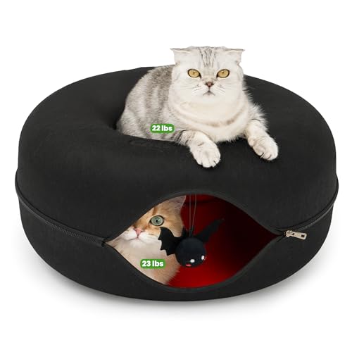 Cattasaurus Unique Gothic Peekaboo Cat Cave for Multiple & Large Cats Up to 30-45 Lbs, Scratch Detachable & Washable Tunnel Bed, Comfy Donut Cat Cave (Gothic Bat, Large) - color: Gothic Bat, size: Large
