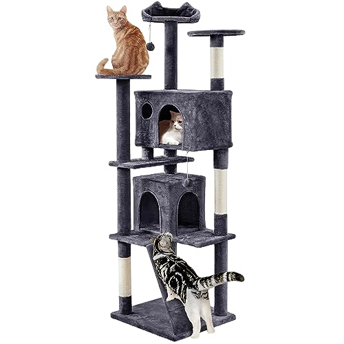 Yaheetech XL Cat Tree, 80in Multi-Level Tower With Scratching Posts, Double Caves, Perched Platforms and Dangling Balls, Stand House for Kittens Pet, Dark Gray - color: Dark Gray, size: 80in