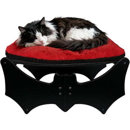 Gothic Cat Bed with Bat Design, Wooden Elevated Cat Beds with Sisal Scratching Mat, Cats Scratcher Bed with Removable Fluffy Cushion, Raised Pet Bed for Large Cats, 22" L x 17.7" W, Black - color: Gothic Black (Bat)