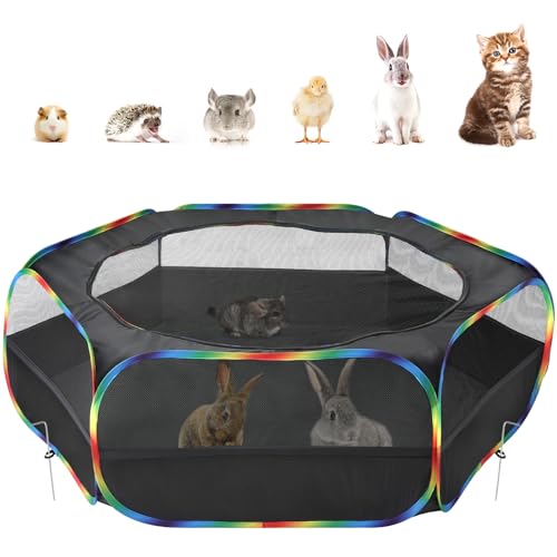 Pawaboo Small Animals Playpen, Waterproof Small Pet Cage Tent with Zippered Cover, Portable Outdoor Yard Fence with 3 Metal Rod for Chick/Kitten/Puppy/Guinea Pig/Rabbits/Hamster, Black + Rainbow - color: N-Black + Rainbow