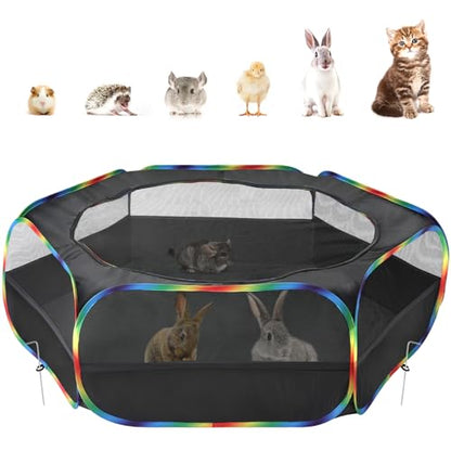 Pawaboo Small Animals Playpen, Waterproof Small Pet Cage Tent with Zippered Cover, Portable Outdoor Yard Fence with 3 Metal Rod for Chick/Kitten/Puppy/Guinea Pig/Rabbits/Hamster, Black + Rainbow - color: N-Black + Rainbow