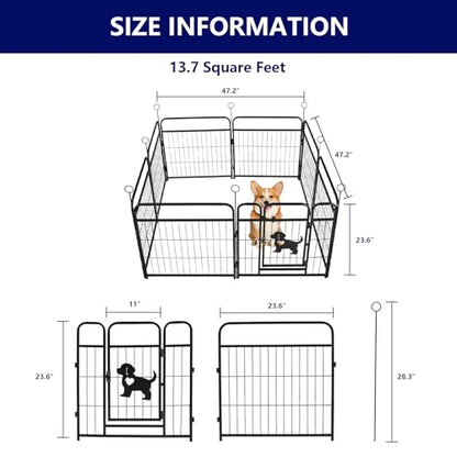 Metal Dog Playpen with Mat, Black Indoor Outdoor Pet Exercise Pen with Safety Gate, Foldable Wire Fence Enclosure (Black with mat, 24inch, 8)