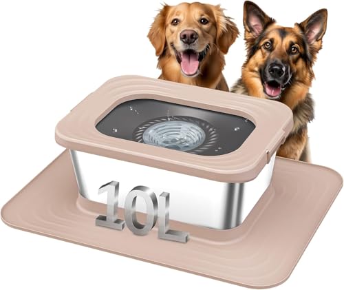 Decflow 10L Stainless Steel Dog Water Bowl, No Spill Anti-Splash Dog Bowls with XXL Silicone Mat, Spill-Proof Slow Feeder for Messy Drinkers, Heavy Duty Pet Bowls Indoor/Outdoor Use - color: Beige, size: 10l