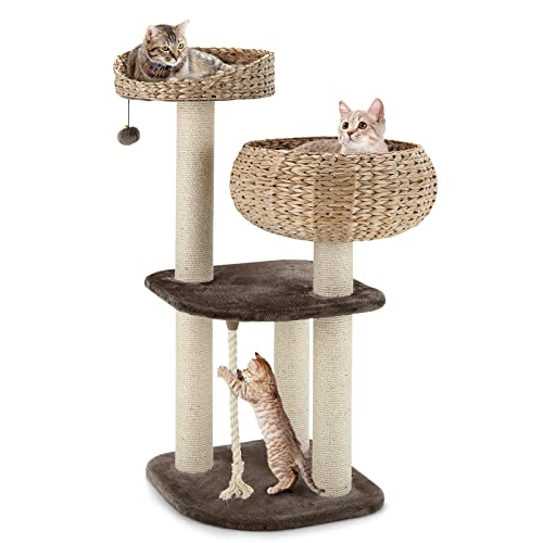 Tangkula Modern Cat Tree for Indoor Cats, Small/Tall Cat Tower with Natural Sisal Scratching Post, Hand-Made Wicker Cat Condo & Top Perch, Funny Hanging Toy Ball, Cute Cat Tree Tower for Large Cats - color: Dark Coffee, size: 41 Inch