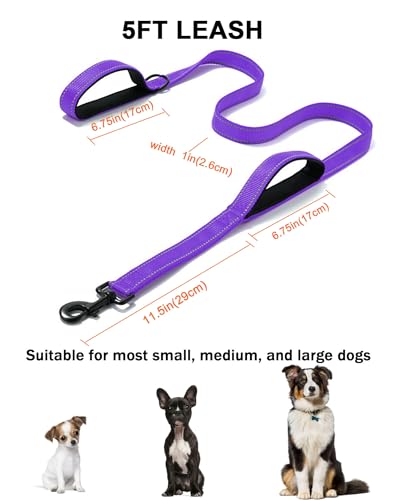 Aeclleca Soft Handle Reflective Black Dog Leash with 2 Padded Handles, 5FT Heavy Duty Pet Lead for Medium & Large Dogs, Comfortable Anti-Slip Grip & Night Safety Design (Purple) - color: Purple