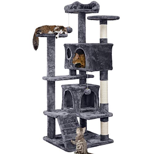 Yaheetech 54in Cat Tree, Multi-Level Cat Tower with Spacious Kitten-ear Perch, 2 Cozy Caves, Scratching Posts, Climbing Ladder, 2 Plush Balls, Durable Pet House Furniture for Indoor Kittens, Dark Gray - color: Dark Gray, size: 54in