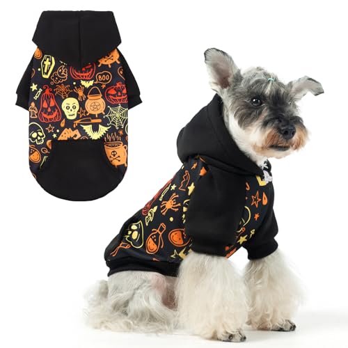 KOOLTAIL Halloween Dog Hoodie Pumpkin Costume Outfit for Small Medium Large Dogs, Soft Fall Pet Sweater Hat Hooded Sweatshirt, Clod Weather Coat, Warm Clothes with Leash Hole and Pocket Male/Female M - color: Halloween Pattern, size: Medium