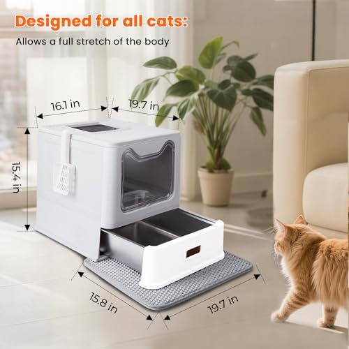 Stainless Steel Litter Box with Lid and Pull-Out Drawers, XL Metal Litter Box Top Entry for Big Cats, Leak-Proof Baffles for Easier Cleaning, with Litter Mat & Scoop - size: top entry