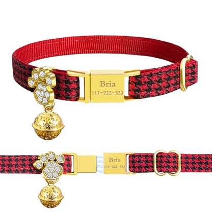 Personalized Breakaway Cat Collars - Magnetic Buckle, Bell - Safety Quick Release, Customized for Girls & Boys Cats- (Houndstooth-Red) - color: Houndstooth-Red