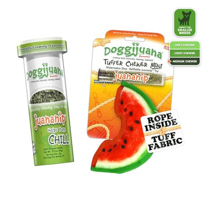 Doggijuana Mini Doggi Duo Refillable Juananip Toy Bundle | Watermelon Slice & Juananip | Funny Dog Toy Plush with Catnip and Refill | Interactive Chew for Play - style: Watermelon Slice & Juananip