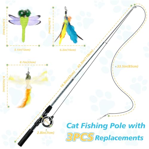 Pawaboo Cat Feather Toys, 4 Pack Interactive Cat Feather Teaser Wand Toys, Retractable Fishing Pole Wand Catcher Exerciser with Refill Fish, Dragonfly Worm with Bells, Blue Yellow Green - color: Bionic Colorful Feather