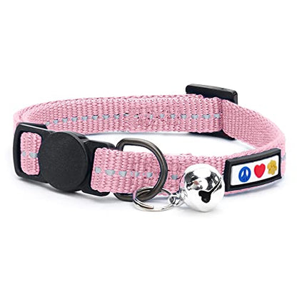 Pawtitas Recycled Pink Reflective Cat Collar – Eco-Friendly Breakaway Safety Buckle, Adjustable Kitten & Adult Collar with Removable Bell and High-Visibility Strap - color: Recycled Pink