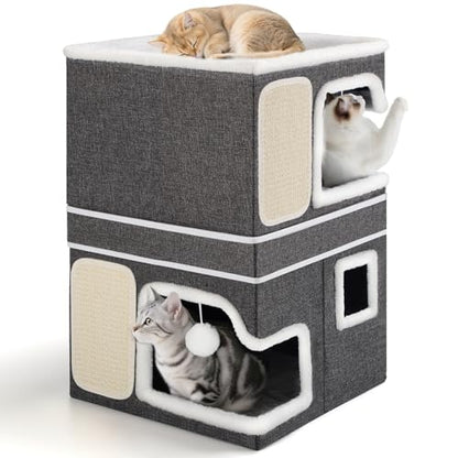 Double Cat Beds for Indoor Cats, 2-Storey Cat House with Large Cozy Hideaways, Dual Purpose Cat Cave Cube with Scratch Pads, Hanging Balls, Foldable Indoor Cat Houses for Multi Cats Kittens Small Pets - size: Double