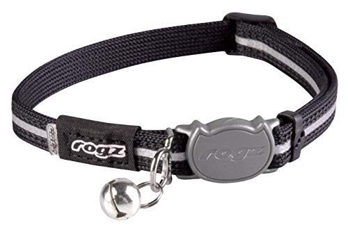 Rogz Reflective Nylon Cat Collar with Breakaway Clip and Removable Bell, fully adjustable to fit most breeds, Black - color: Black