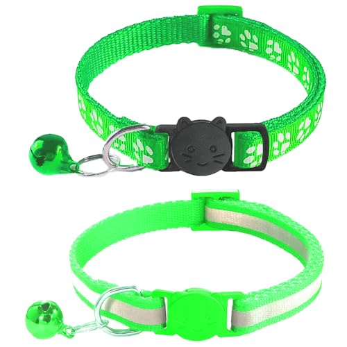 2 Pack Breakaway Cat Collars with Bells, Reflective Design and Claw Print Design, Safety Buckle Kitten Collars Adjustable from 7.5 to 12.5 Inches (Green) - color: Green