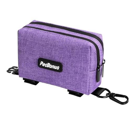 Dog Poop Bag Holder, Portable Pet Waste Bag Dispenser, 2 Pouches for Treats and Walking Accessories, Fit All Leashes, Includes 1 Roll of Dog Poop Bags (Purple) - color: Purple
