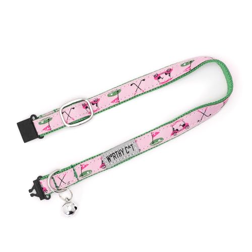 THE WORTHY DOG Golf Cat Collar with Bell, Adjustable Nylon Safety Collar, Pink, One Size - color: Pink-Golf