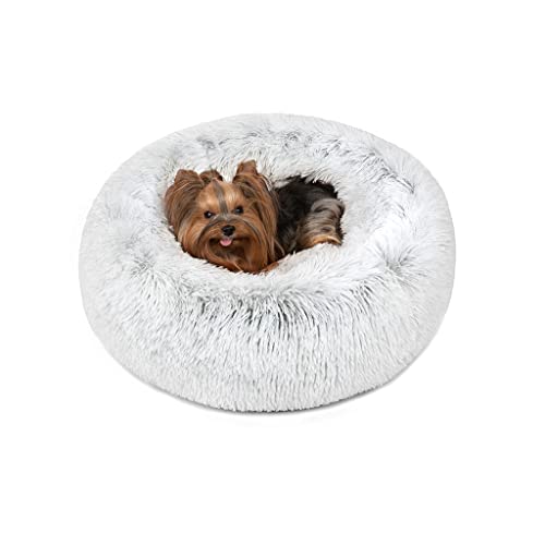 Friends Forever Donut Dog Bed Faux Fur Fluffy Calming Sofa For Small Dogs, Soft & Plush Anti Anxiety Pet Couch For Dogs, Machine Washable Coco Pet Bed with Non-Slip Bottom, 23"x23"x6" Ivory - color: Ivory, size: Small (23"x23"x6"), style: Donut
