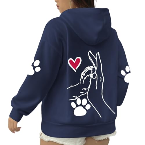 Dog Paw Print Heart Sweatshirt for Women Pet Sweatshirts for Dog Lovers Cute Graphic Cotton Hoodies Pullover Tops - color: Navy Blue, size: Small