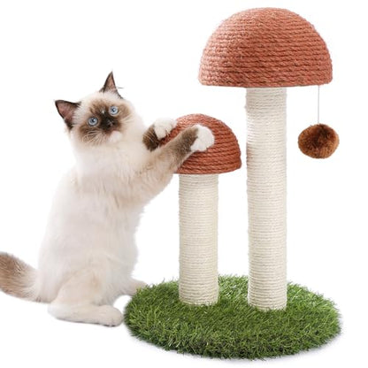 PETEPELA Cat Scratching Post, Mushroom Tall Cat Scratcher Featuring with Natural Sisal Scratching Poles and Interactive Toy Ball for Kittens and Small Cats (Brown) - color: Mushroom Brown, size: 18.9"