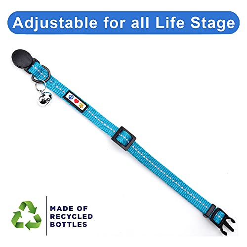 Pawtitas Recycled Teal Reflective Cat Collar – Eco-Friendly Breakaway Safety Buckle, Adjustable Kitten & Adult Collar with Removable Bell and High-Visibility Strap - color: Recycled Teal