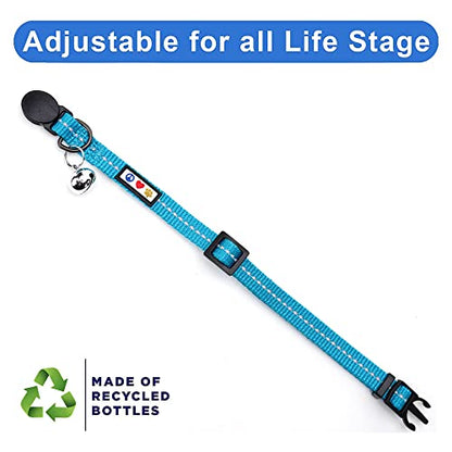 Pawtitas Recycled Teal Reflective Cat Collar – Eco-Friendly Breakaway Safety Buckle, Adjustable Kitten & Adult Collar with Removable Bell and High-Visibility Strap - color: Recycled Teal