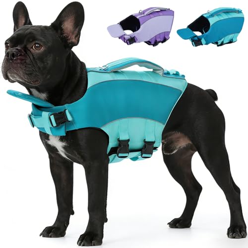 Kuoser Dog Life Jacket, Anti-Choke Head Support Float Dog Life Vest for Swimming Boating, Reflective Pet Swim Suit with Rescue Handle & D-Ring & Chin Float for Dulldog Dachshund, Green XS - color: Green, size: XS(Chest:13"-18.1")
