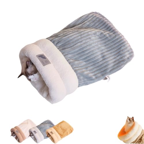 Cat Sleeping Bag Bed, Winter Soft Plush Sack Self Warming Cave Bed for Indoor Cats, Hideaways Pet Snuggle Sack for Kitten Puppy (Blue, M-17" x 15") - color: Grey Blue, size: Medium-17"x14.5"