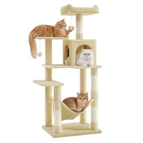 SONGMICS HOME Cat Tree for Indoor Cats, Multi-Level Cat Tower with Sisal Scratching Posts, Hammock and Condo, Beige - color: Beige, size: 54.4 Inches