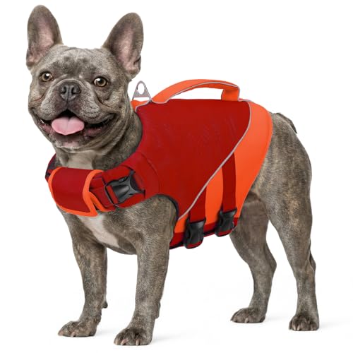 Queenmore Large Dog Life Jacket, Dog Life Vest for Swimming Boating, Pet Swim Vest for Large Dogs, Ripstop High Visible Water Vests with Strong Rescue Handle, Red L - color: Red, size: Large
