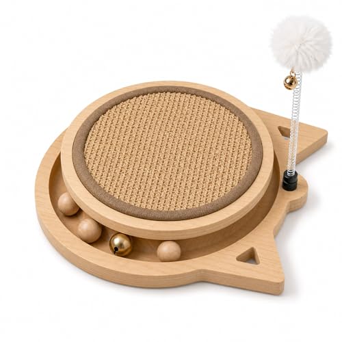 Cat Scratcher Board with Natural Sisal, Interactive Cat Track Toy with Spring Ball – Durable Kitten Scratching Pad for Indoor Cats, Kitty Wooden Cat Toy Stress Relief & Fun Exercise