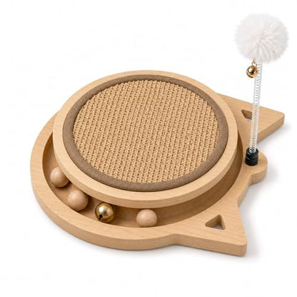Cat Scratcher Board with Natural Sisal, Interactive Cat Track Toy with Spring Ball – Durable Kitten Scratching Pad for Indoor Cats, Kitty Wooden Cat Toy Stress Relief & Fun Exercise