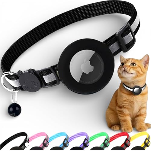 AirTag Cat Collar with AirTag Holder, Breakaway Reflective Cat Tracker Collar with Bell by AmazeGoods - color: Black