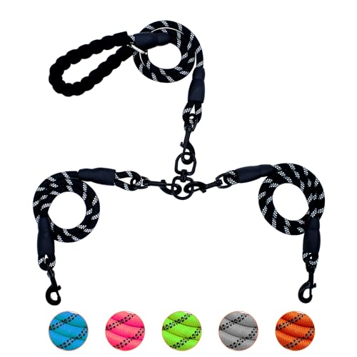 2 Way No Tangle Dog Leash - 360° Swivel Leash for Two Dogs, Reflective Design for Small Medium Large Dogs (Black, 2 Way)