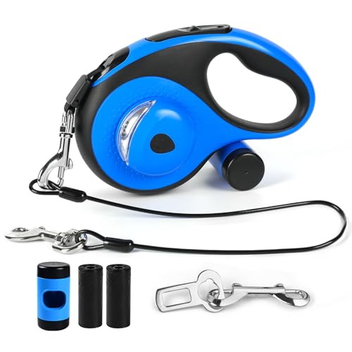 26ft Heavy Duty Retractable Dog Leash for Large Dogs, Dog Leash with Poop Bag Holder, Up to 100lbs, with LED Light, Chew Proof Cable, One-Handed Pause & Lock, 360° No Tangle. (Blue, 26Ft) - color: Blue