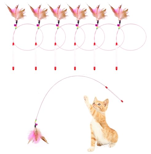 6 Pack Cat Feather Toy, Cat Toys Wand, Interactive Pet Cat Kitten Chaser Teaser Wire Wand with Bell Beads for Cat Exercise Play Fun Gifts - Wholesale