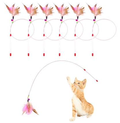 6 Pack Cat Feather Toy, Cat Toys Wand, Interactive Pet Cat Kitten Chaser Teaser Wire Wand with Bell Beads for Cat Exercise Play Fun Gifts - Wholesale