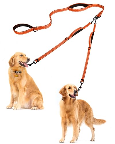Double Dog Leash, No Tangle Dual Leash, Reflective Walking Training Lead, 4 Comfortable Padded Handles for 2 Dogs with Collapsible Bowl and Waste Bags (Orange, Large) - color: Orange