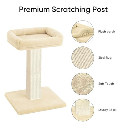 Cat Scratching Post, 32”Cat Scratcher with Large Plush Perch, Sisal & Carpet Scratching Post, Vertical Posts with Elevated Bed for Indoor Cats, Removable& Washable Cover, Beige - color: Beige with Bed