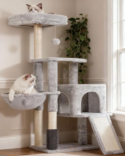 Heybly Cat Tree with Cat Self Groomer Brush, Cat Tower Condo for Indoor Cats with Padded Plush Perch, Cat House with Basket Scratching Board Post, Light Gray HCT005SW - color: Light Gray, size: 42.5 inch