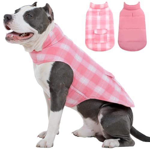 Kuoser Reversible Winter Coat, British Style Jacket for Medium and Large Dogs - Warm Windproof Puppy Cold Weather Clothes Vest, Pink L - color: Pink, size: L (Chest Girth: 20.9-24.4'')