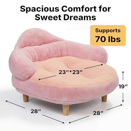 Veehoo Elevated Dog Couch Bed, Cute Dog Sofa Bed for Small Medium Dogs, Raised Dog Bed with Washable Cover and Sturdy Wood Legs, Modern Indoor Pet & Puppy Beds with Frame and Soft Cushion, Light Pink