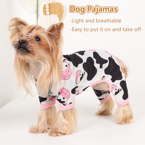 Dog Pajamas Small Sized Dogs Stretchable Summer Dog Clothes Pjs 4 Legs Girl Boy Cute Soft Puppy Outfits Doggie Cat Jammies Jumpsuit Sleeper for Pet, Pink Cow, L - color: Pink Cow, size: Large (Chest 17in )