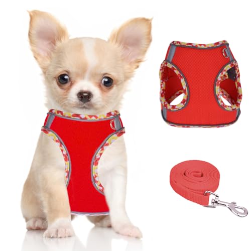 Dog Harness for Small Medium Dogs No Pull Adjustable Step in Puppy Harness and Leash Set,Reflective Breathable Mesh Pet Harnesses Soft Padded Vest for Dogs Easy to Put on… - color: Red, size: XXS
