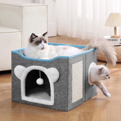 Cat House for Indoor Cats, Large Cat Bed Cave with Scratch Pad and Fluffy Ball, Foldable Cat Hideaway Condo, Kitten Bed, 16x16x13inch (Grey, Large) - color: Grey