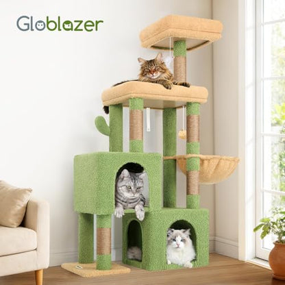 Globlazer Cactus Cat Tree Condo Tower for Indoor Cats, 52in Multi-Level Cat Scratching Tree with 2 Cat Condos, 5 Sisal Scratching Posts, 2 Padded Perches, Sturdy Basket, Widened Base, S52, Green - color: Cactus Green