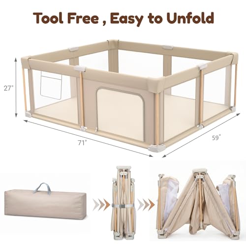 Foldable Baby Playpen with Mat, Foldable Baby Fence Play Yards for Babies and Toddlers, Play Pen with Breathable Mesh and Anti-Fall Pads (71"×59") - size: 71"×59"